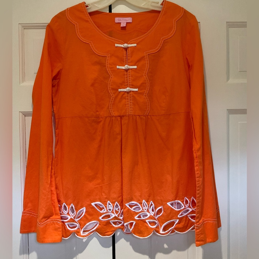 Lilly Pulitzer Orange Long Sleeve Embroidered Tunic Blouse